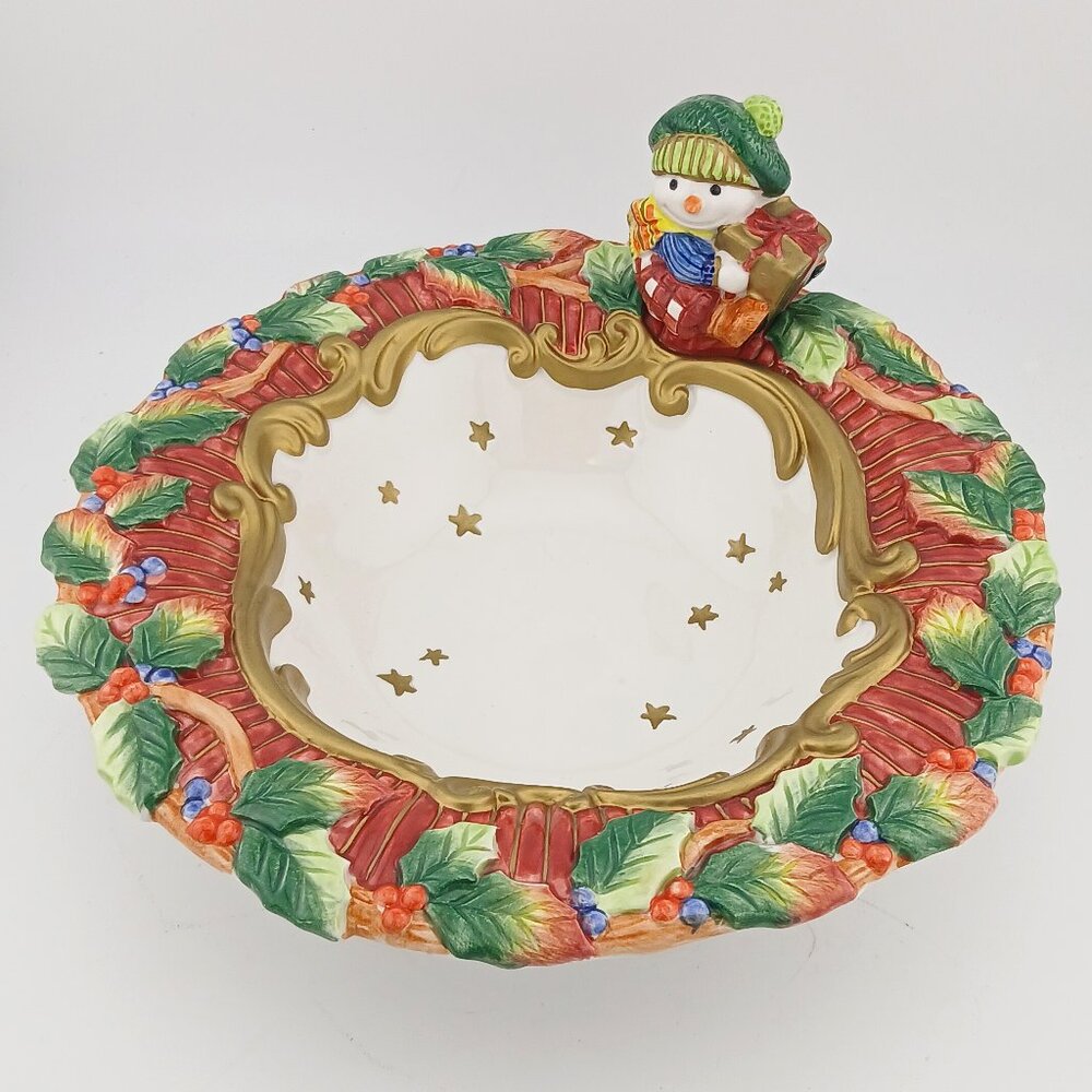 Fitz & Floyd Snow Guys Small Bowl Vintage 1995 8"Dia x 3"H Christmas Ceramic
